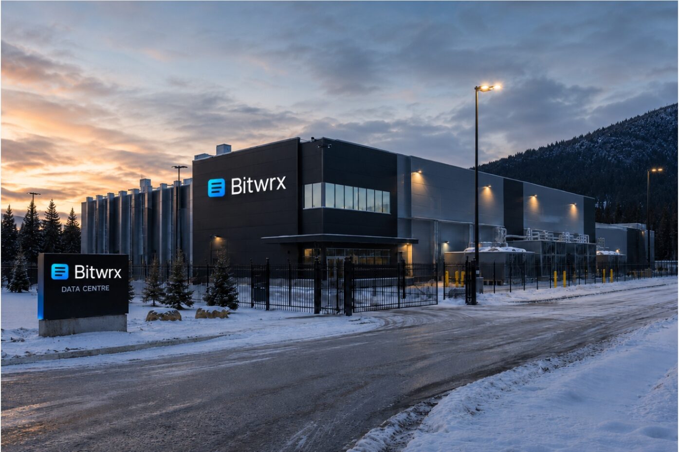 Bitwrx data center campus exterior at twilight with Canadian Rockies backdrop