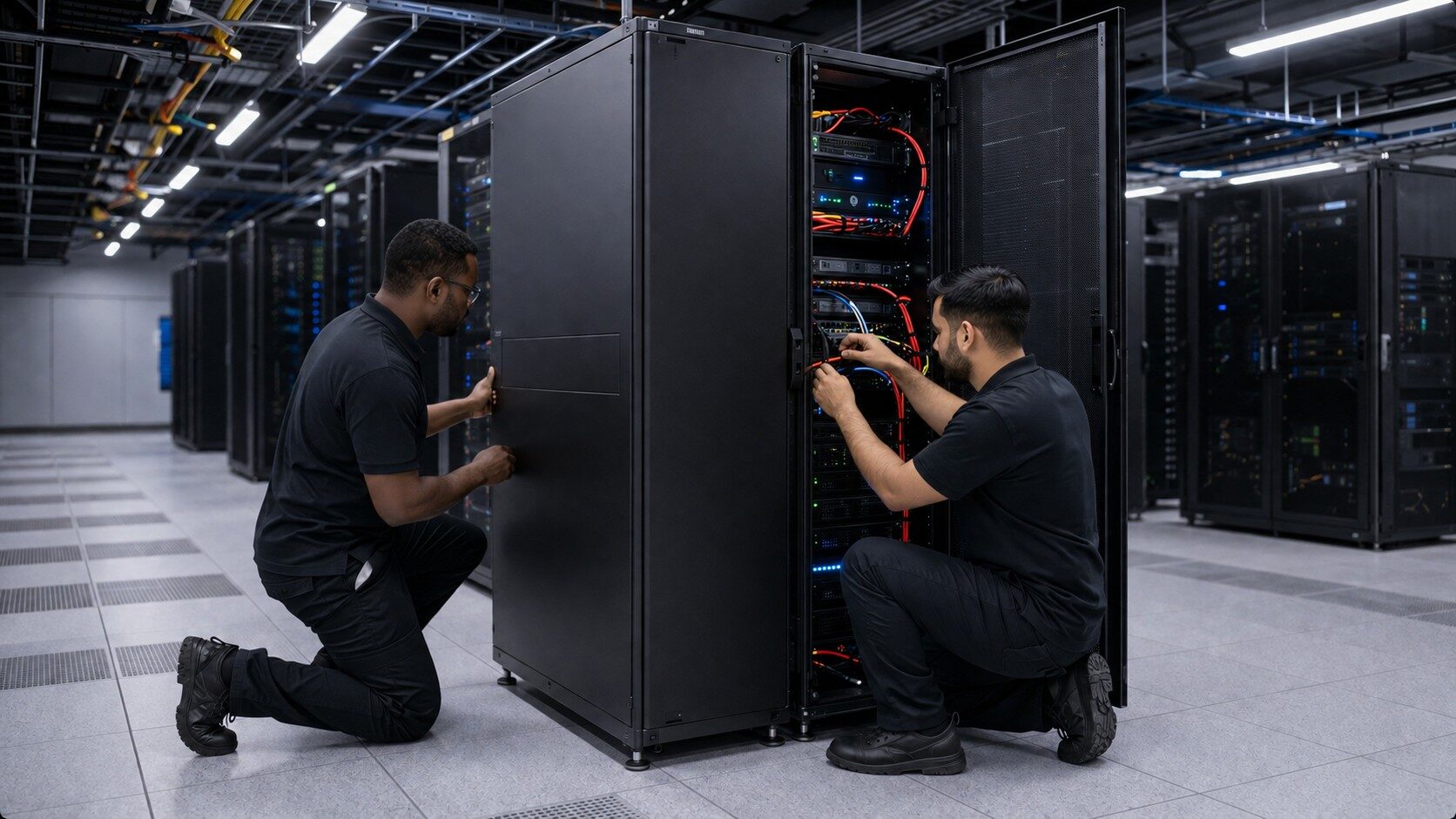 Two Bitwrx engineers working on a server rack inside the YUL1 Montreal data hall