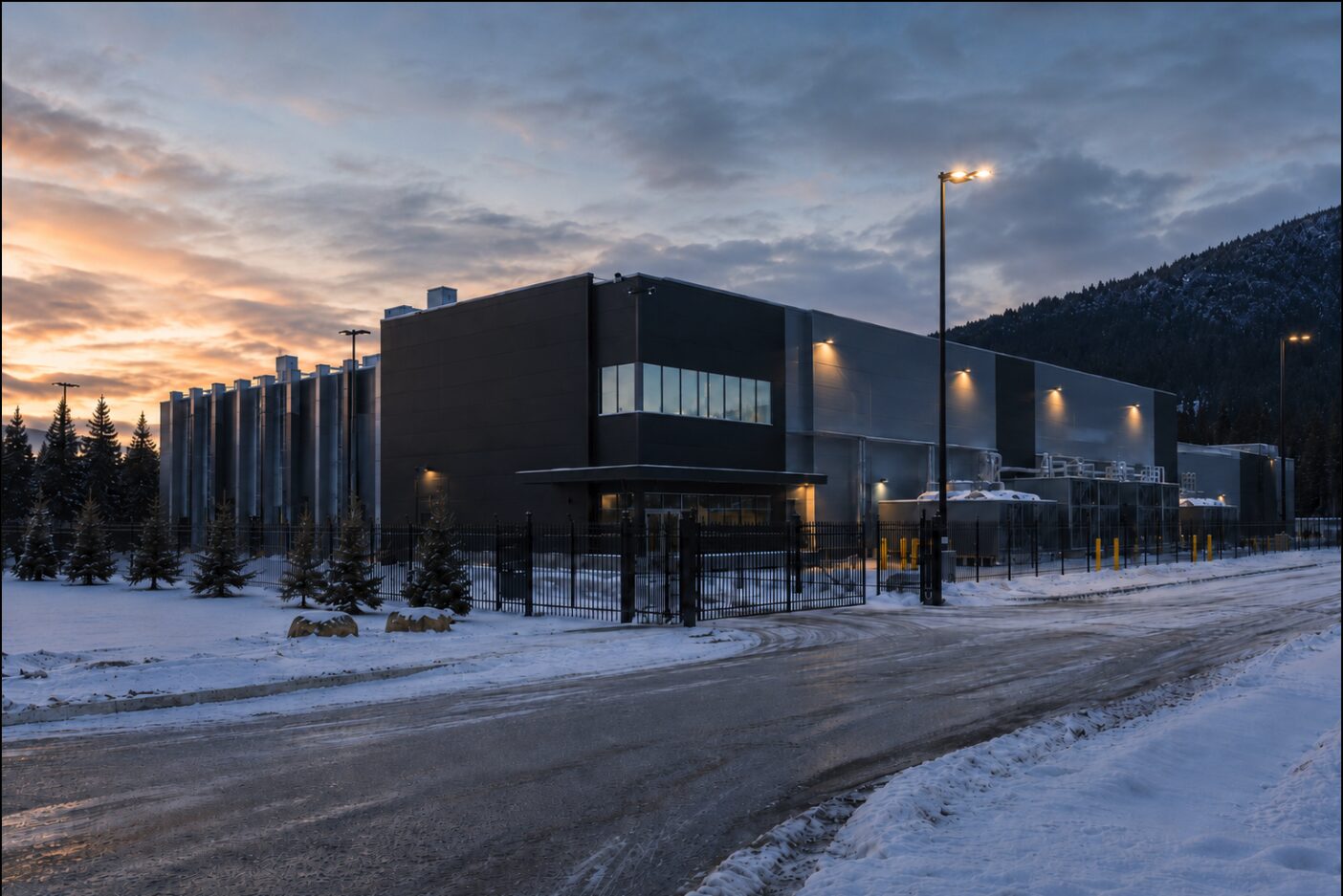 Bitwrx YUL1 Montreal data center campus at twilight with Canadian pine trees and snow-covered grounds