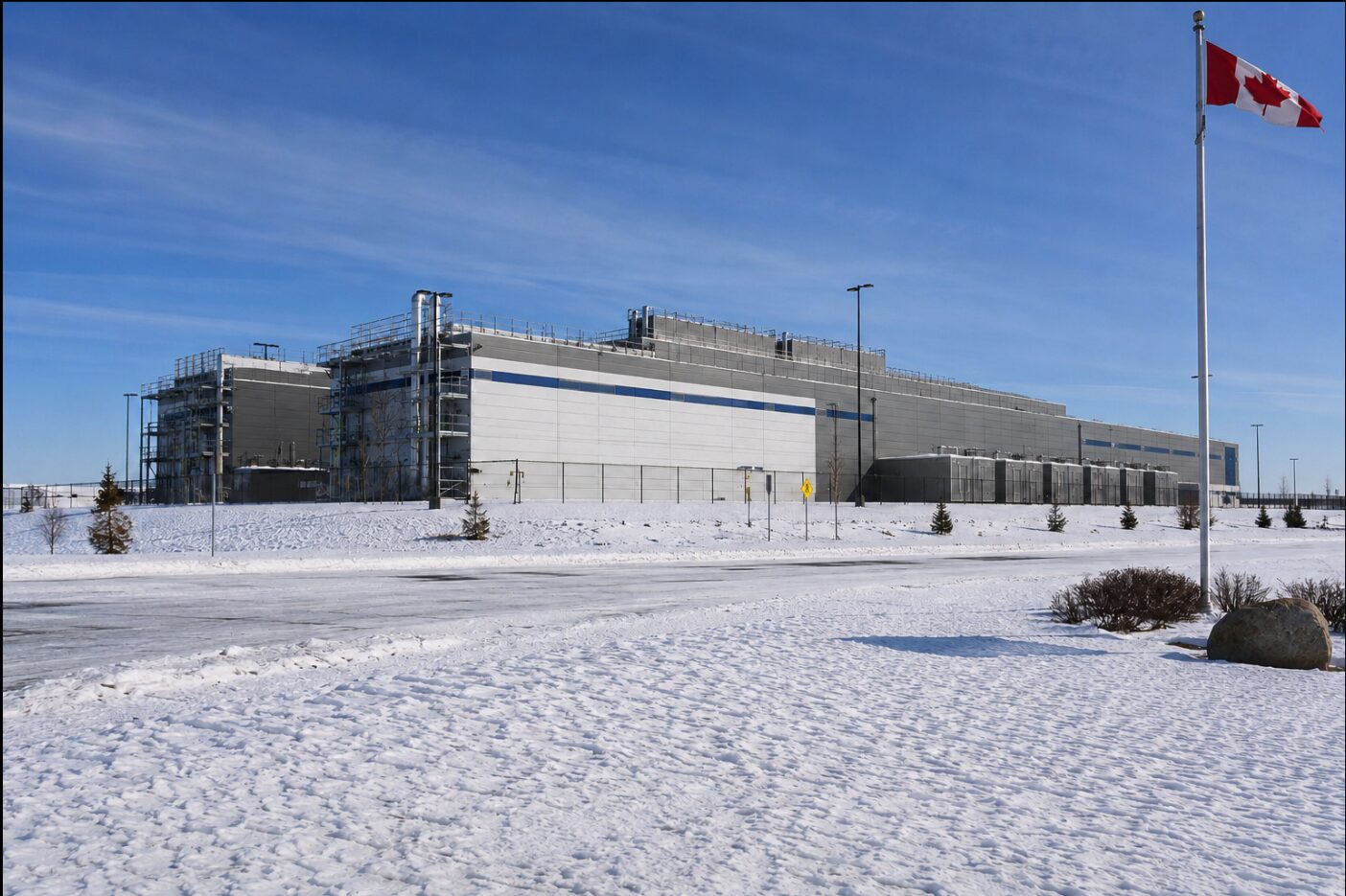 Bitwrx YUL1 Montreal facility exterior with the Canadian flag flying